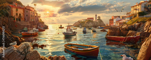 A delightful coastal village tucked into a rugged coastline, where vibrant fishing boats peacefully float on the calm waters as the sun sets.