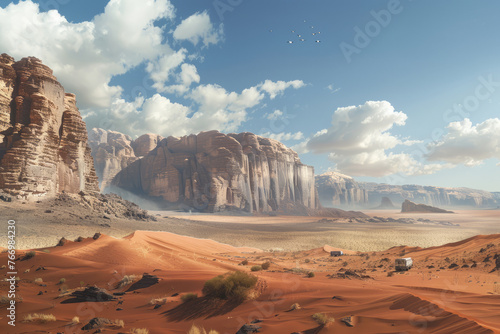 Expansive, otherworldly desert landscape with vast dunes, dramatic rock formations, and a distant caravan crossing the arid terrain.