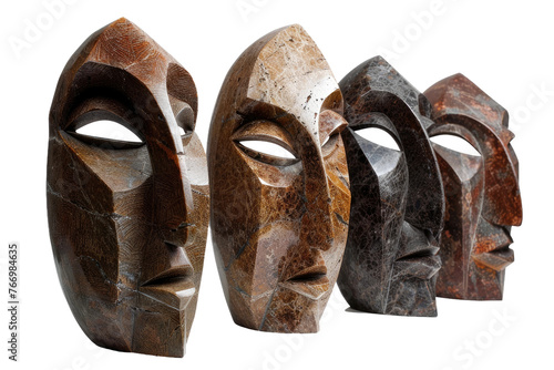 Group of Wooden Masks Sitting Together. On a Clear PNG or White Background.
