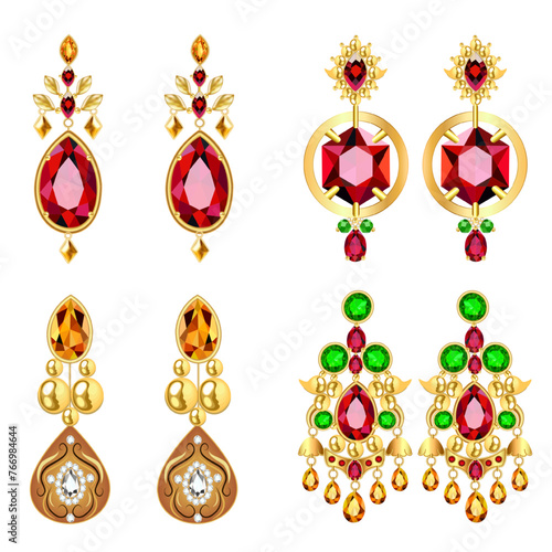 Set of gold jewelry earrings with precious stones with rubies and emeralds