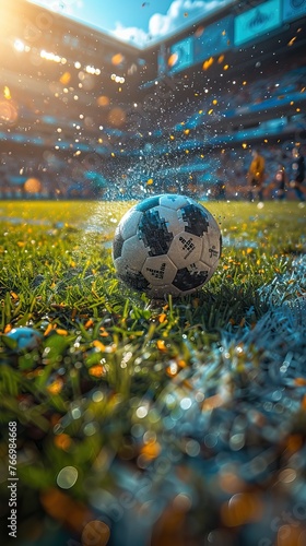 a portrait of a soccer ball rolling over grass, huge football stadium