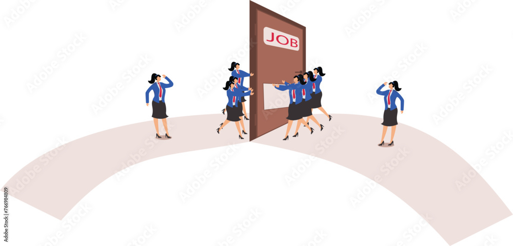 Career recruitment and competition, waves of unemployment, fierce competition for jobs, a group of businesswomen inside the gate against a group outside the gate