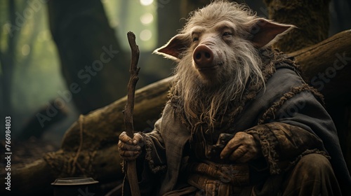 Contemplative pig dressed in druid cloak ai generated character anthropomorphic