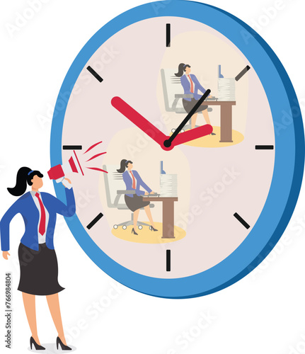 Catching up on work, deadlines, overtime, work pressure, busy work, bosses with megaphones ranting at employees sitting and working on time hands