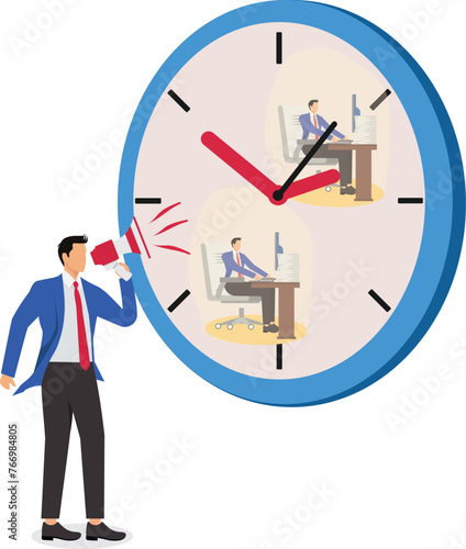 Catching up on work, deadlines, overtime, work pressure, busy work, bosses with megaphones ranting at employees sitting and working on time hands