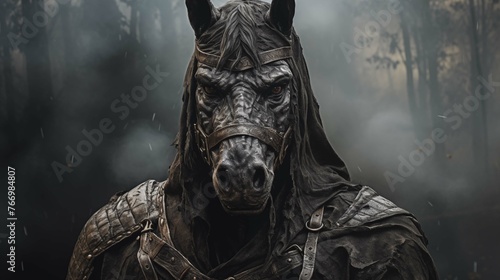 Majestic horse in armor cloaked in mystery ai generated character anthropomorphic