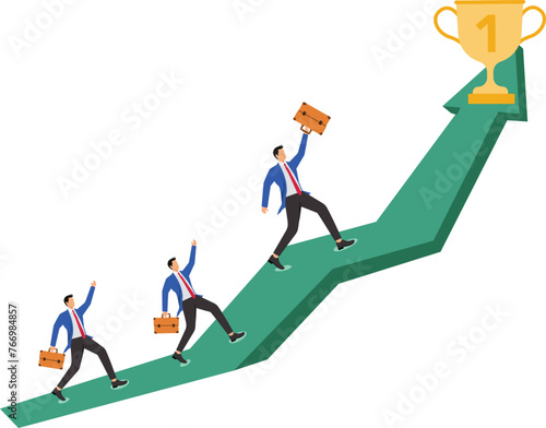 Chasing the Champion, Belief and Pursuit, Heart of a Champion, Belief and Determination to Win, Business or Professional Competition, Businesswomen running in pursuit of the Championship Trophy in fro