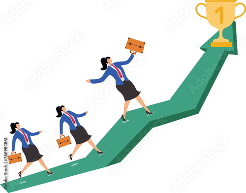 Chasing the Champion, Belief and Pursuit, Heart of a Champion, Belief and Determination to Win, Business or Professional Competition, Businesswomen running in pursuit of the Championship Trophy in fro