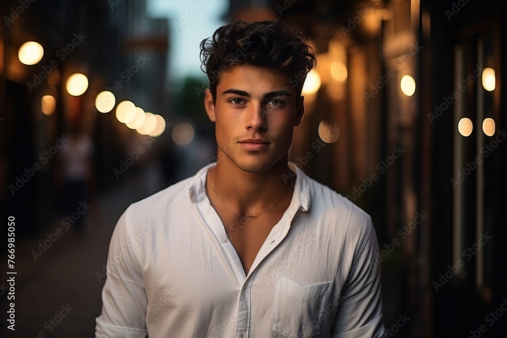 Portrait of a handsome young man standing in the city at night