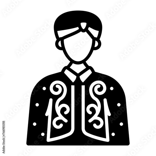 Muslim Groom Wearing Sherwani and kula concept, Embroidered long-sleeved outer coat vector icon design Muslim marriage Symbol, Islamic wedding customs Sign, Indian subcontinent matrimony illustration