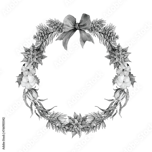 Monochrome Christmas coniferous wreath with a bow