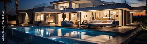 real estate Luxury Interior and exterior design pool villa with living room at night sky home