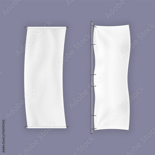 Realistic textile banners. 3D blank waving cotton flags. Empty fabric signboards for advertising. White canvas hanging on chrome stand. Horizontal or vertical pennants for brand identity, vector set