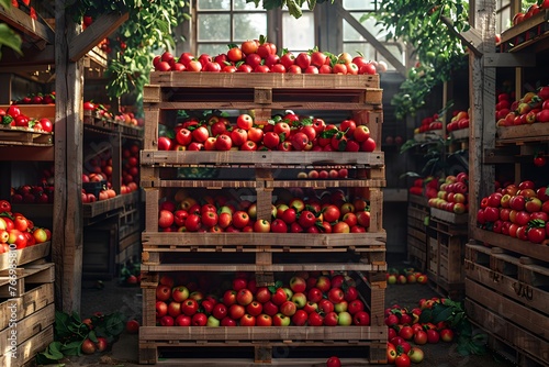 Warehouse filled with ripe apple fruit crates