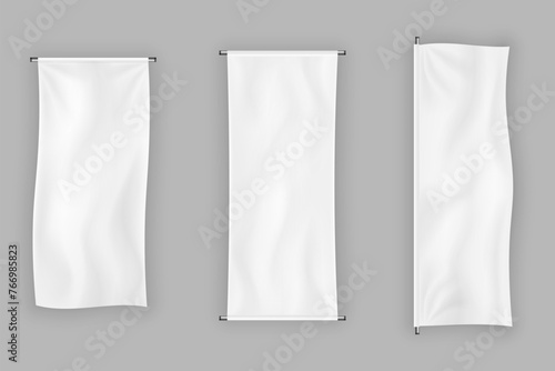 Realistic textile banners. 3D blank waving cotton flags. Empty fabric signboards for advertising. White canvas hanging on chrome stand. Horizontal or vertical pennants for brand identity, vector set