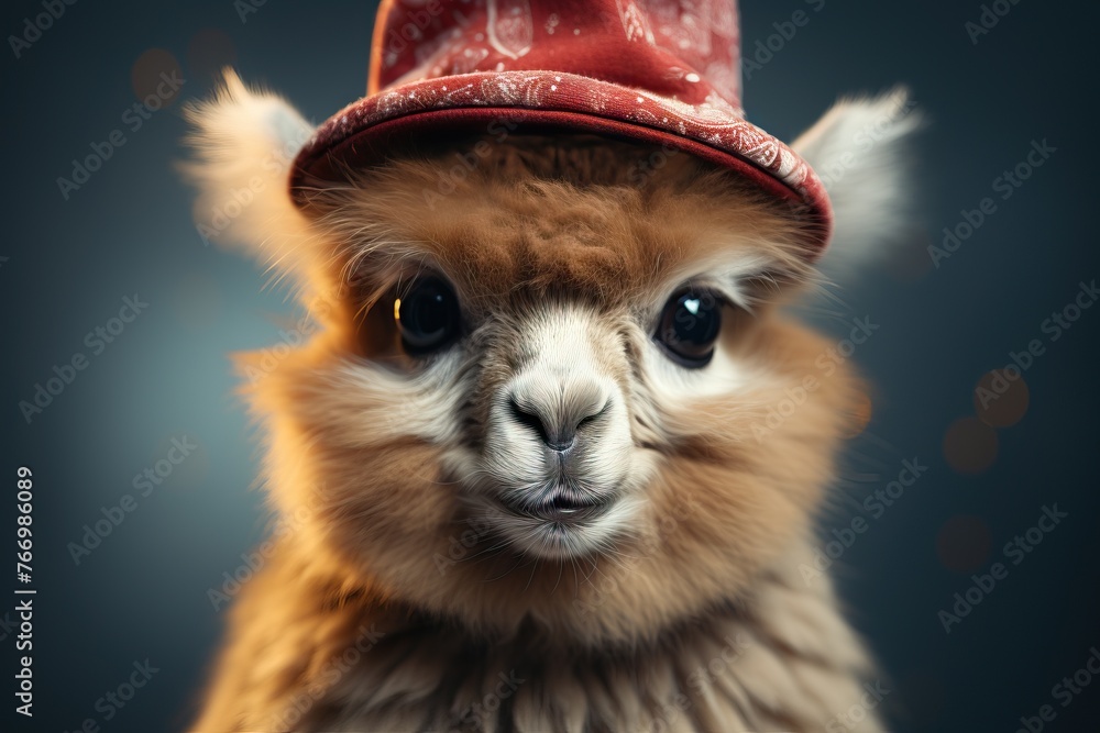 Obraz premium Close-up of Llama with Red Hat