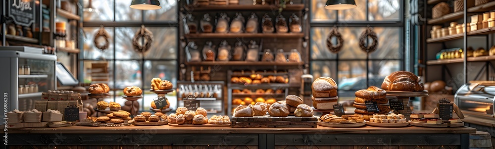 Stepping into the cozy embrace of an artisan bakery, rustic wooden shelves adorned with a delightful array of freshly baked bread, pastries, and desserts. - obrazy, fototapety, plakaty 