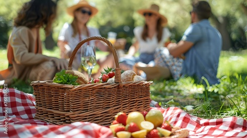 A group of friends relish a relaxing picnic on a red checkered blanket, with a wicker basket full of fresh food and wine in a sunny park setting.