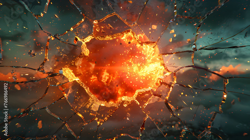 Dramatic 3D illustration of an explosion causing a hole and cracks in glass