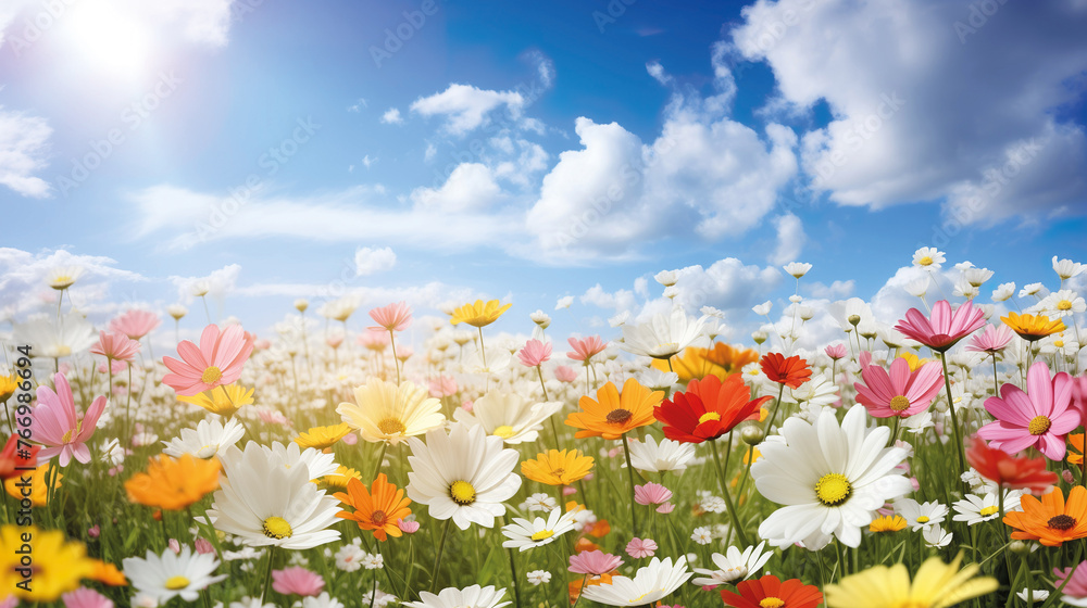 Sunlit daisy field on a summer meadow in nature, flowers and beautiful spring panorama landscape in nice weather and sunshine