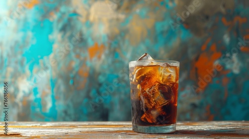 Glass of cola on wooden table in front of colorful background, refreshing drink concept