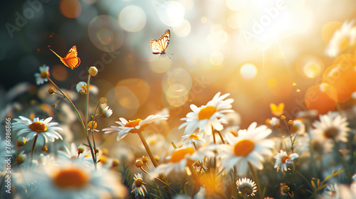 Sunlit daisy field on a summer meadow in nature, flowers and beautiful spring panorama landscape in nice weather and sunshine © DigitalDreamscape
