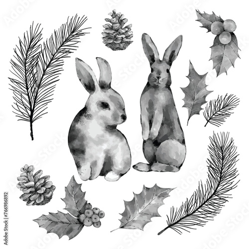 Monochrome set of coniferous branches and hares