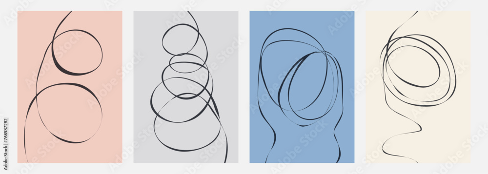 Abstract backgrounds with hand drawn curved lines. Set of color backgrounds with black wavy lines. Vector illustration.