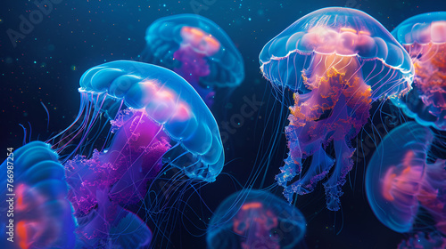 glowing sea jellyfishes on dark background, neural network, Generative AI  © Xpert