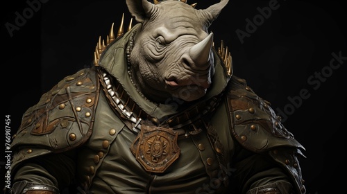 Stoic rhinoceros in golden-trimmed armor ai generated character anthropomorphic