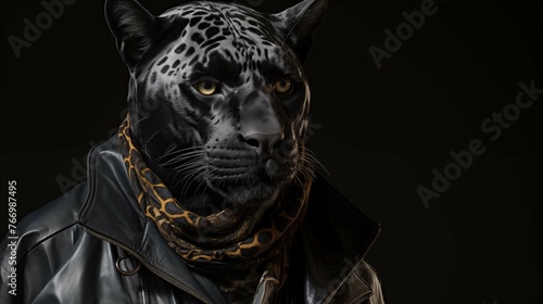 Black panther in leather jacket with scarf ai generated character anthropomorphic