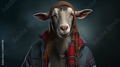 Wise goat in cozy beanie and plaid scarf ai generated character anthropomorphic © AImg