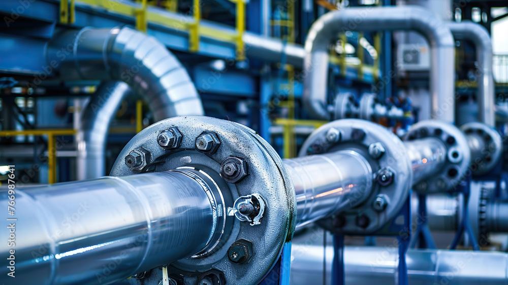 A pipe with a nut on it is shown in a factory setting. Concept of industrialization and machinery A pipe with a nut on it is shown in a factory setting. Concept of industrialization and machinery