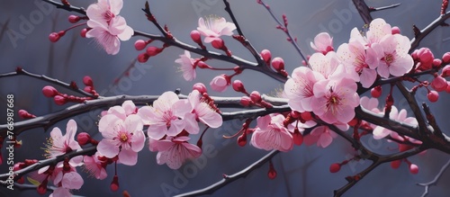 A closeup image of a cherry blossom tree branch with beautiful pink flowers blooming. The delicate petals contrast with the brown twig and green leaves