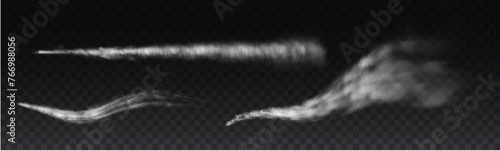 Aircraft condensation trails. Jet end smoke isolated vector set. Foggy jet trail or airplane, smoky effect after rocket illustration