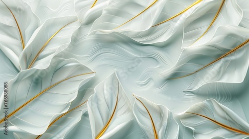 white and gold leaves against a vibrant blue background, creating a striking contrast and sense of elegance