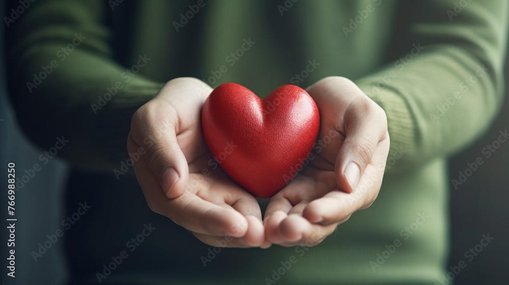 Man holding red heart in hands. Love