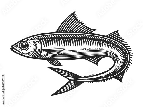anchovy mackerel fish in a vintage engraving style, suitable for food and fishing themes food sketch engraving generative ai raster illustration. Scratch board imitation. Black and white image.