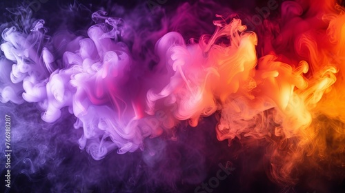 A rainbow colored cloud of smoke swirls and billows against a stark black background, creating a striking contrast