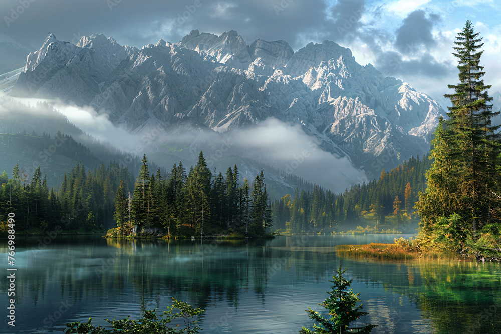 Mountain range and forest reflected in a clear blue lake