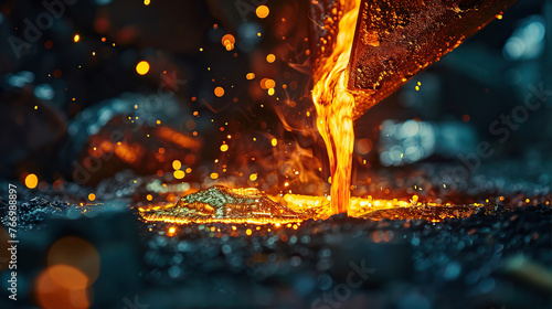 A metal pipe is pouring molten metal into a pit. Concept of danger and excitement, as the molten metal is hot and potentially hazardous. The scene is also visually striking