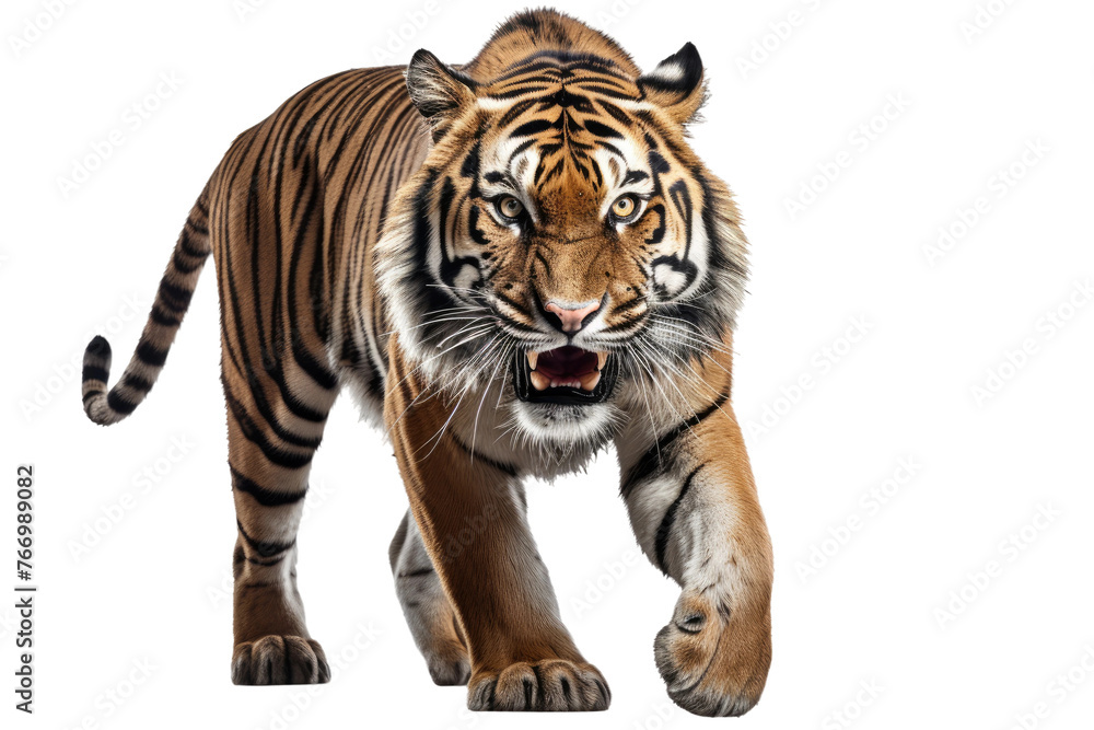 Naklejka premium Tiger Walking Across White Background. On a Clear PNG or White Background.