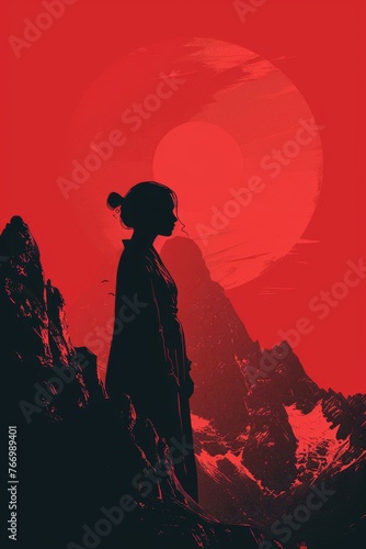 A woman stands confidently on top of a mountain, the sky above her painted in shades of red as if on fire