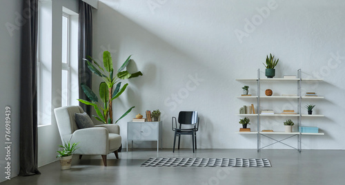 Fototapeta Naklejka Na Ścianę i Meble -  Grey stone wall background room interior concept, sofa, furniture, vase of plant, city view, carpet, decoration modern decor style.