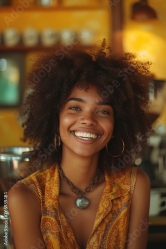 A woman with a smile on her face, expressing happiness and joy photo