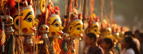 wide background banner of Colorful human face mask dummies hanging on streets in Hindu cultural event Dussehra festival  photo