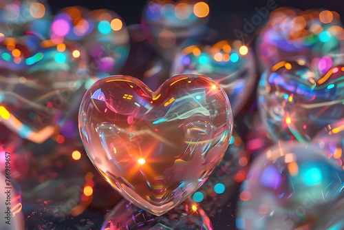 Holographic hearts. Fluid liquid chrome heart shape. 3d y2k hologram love element. Metallic rainbow icon. Fantasy retro 80s, 90s texture. Iridescent, flowing gradient. photo