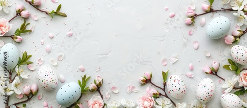 Easter eggs and spring flowers on Easter-themed background viewed from top with empty space for text