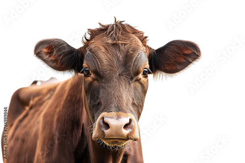 close up view of Black cattle cow head standing isolated on white background, front view looking at camera, zoom shot.