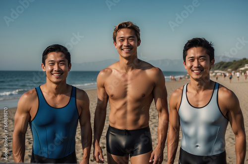 Handsome professional japanese Swimmers ready to start swimming on the ocean. Generative AI
